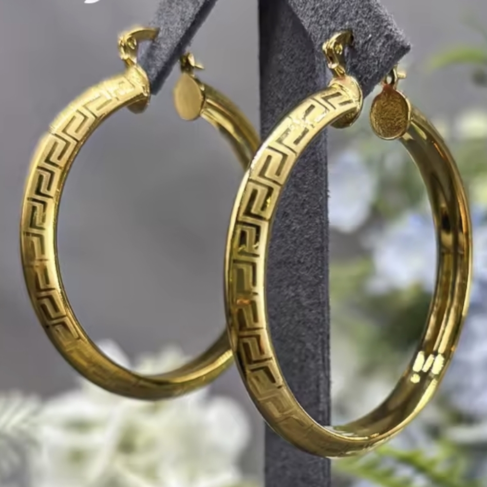 Designer Inspired 18K Gold Plated Greek Design Hoop Earrings